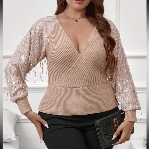 Plus size luxe raglan sleeve  sequins overlap front sweater top - Picture 5 of 5